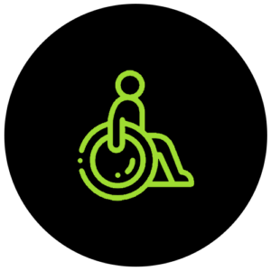Green icon of a person in a wheelchair on a black background.